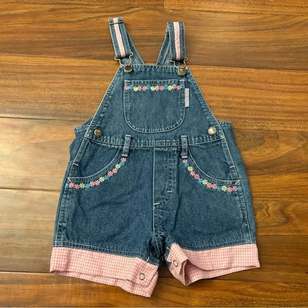 Little Arizona vintage denim embroidered flower overall shorts